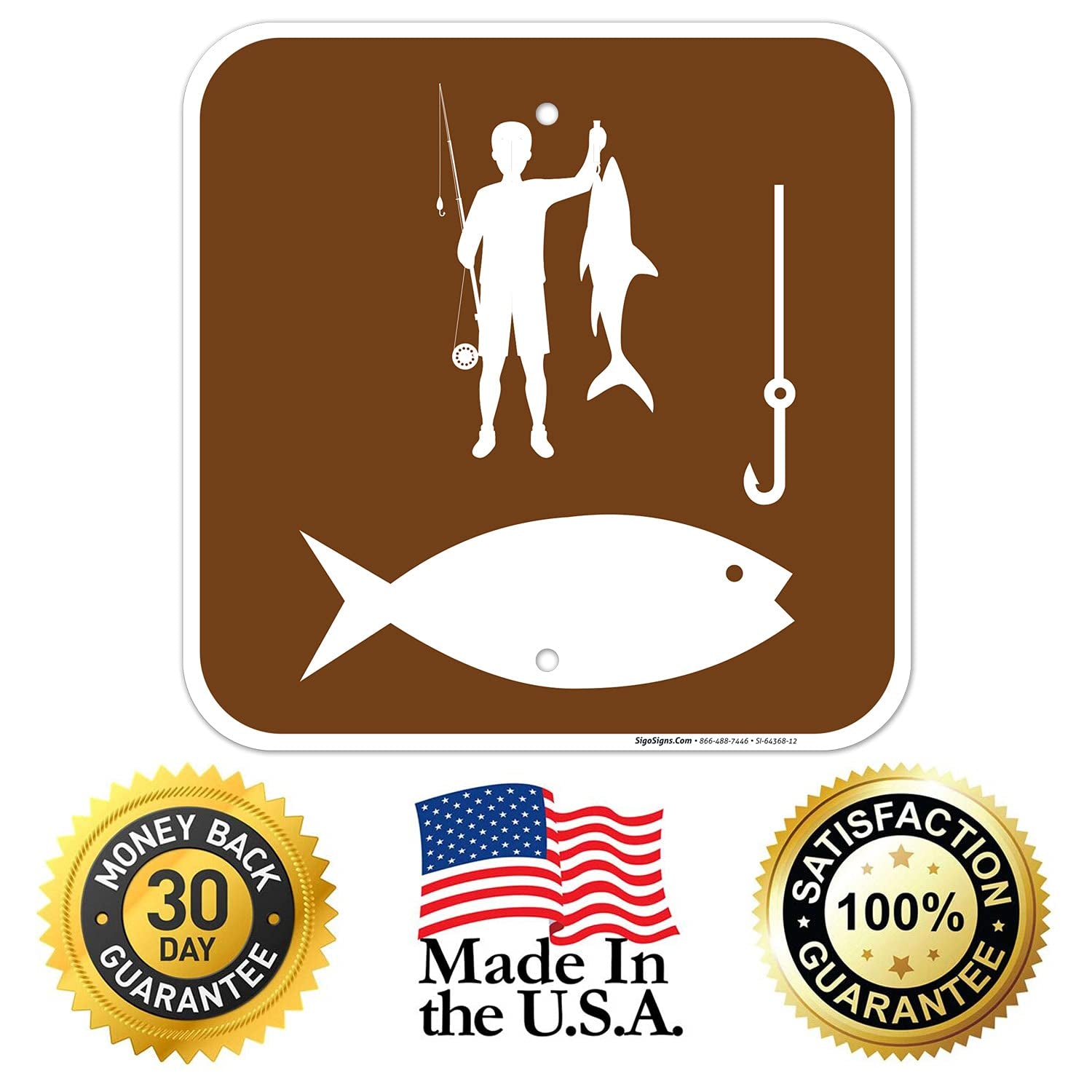 Fishing Symbol with Bait and Fisherman Sign, 12X12 Inches, Rust Free .040 Aluminum, Fade Resistant, Made in USA