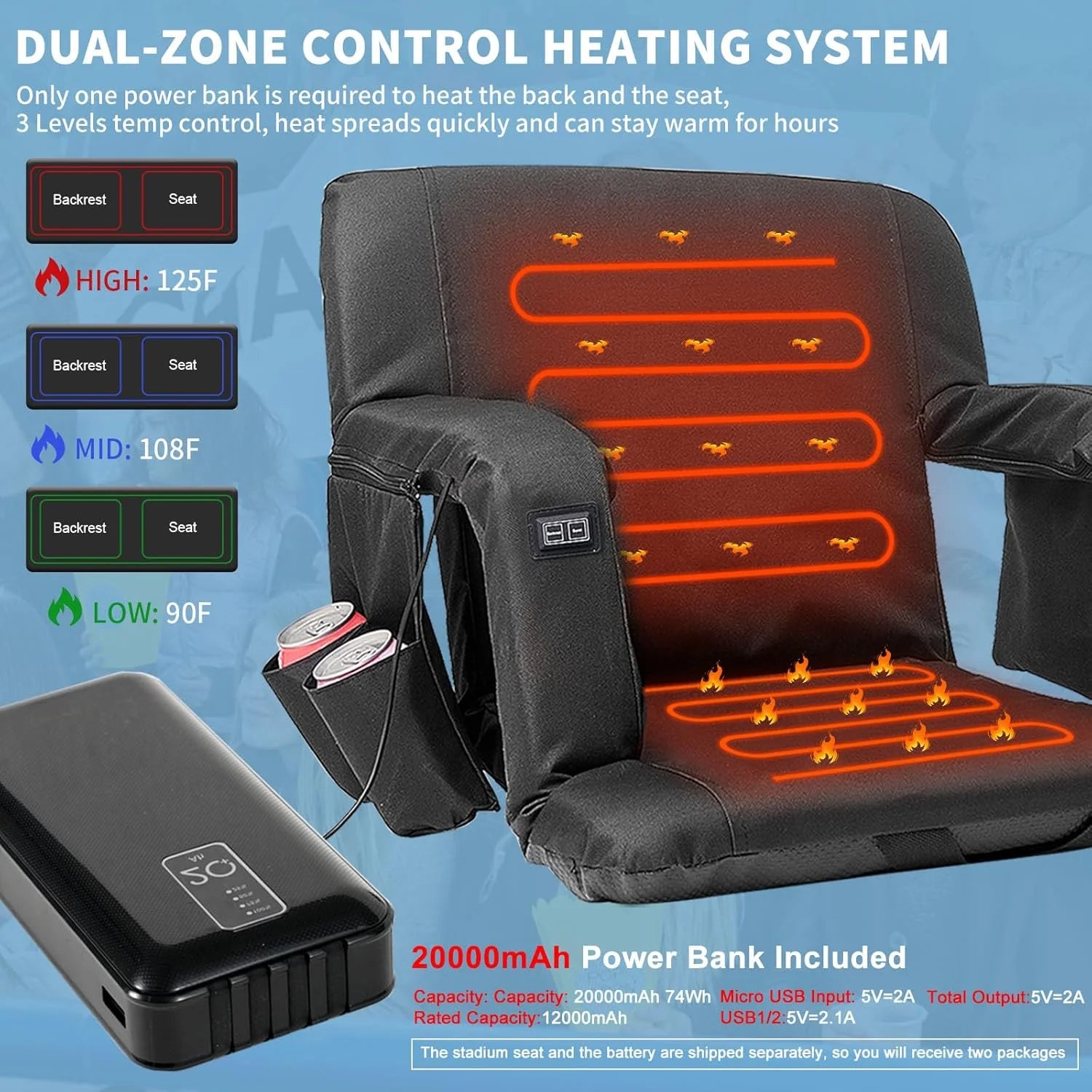 Double Heated Stadium Seat Bleacher Seat with 20000Mah Power Bank, 3 Heat Modes, Portable 6 Reclinng Positions Bleacher Seats with Back & Arm Support for Sports Events