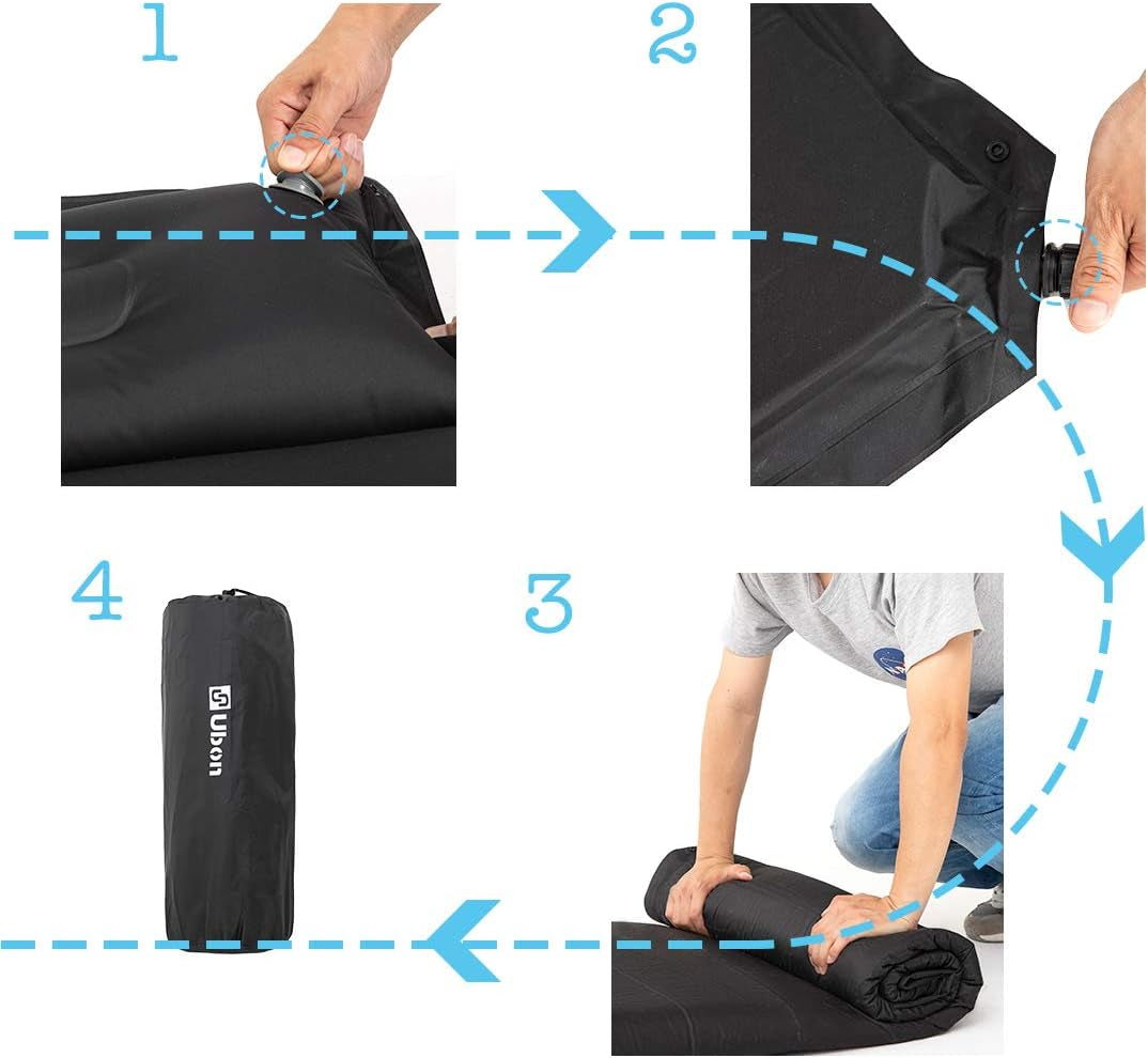 Self-Inflating Double Camping Sleeping Pad with Pillows - 2-Person Backpacking Mattress in Black