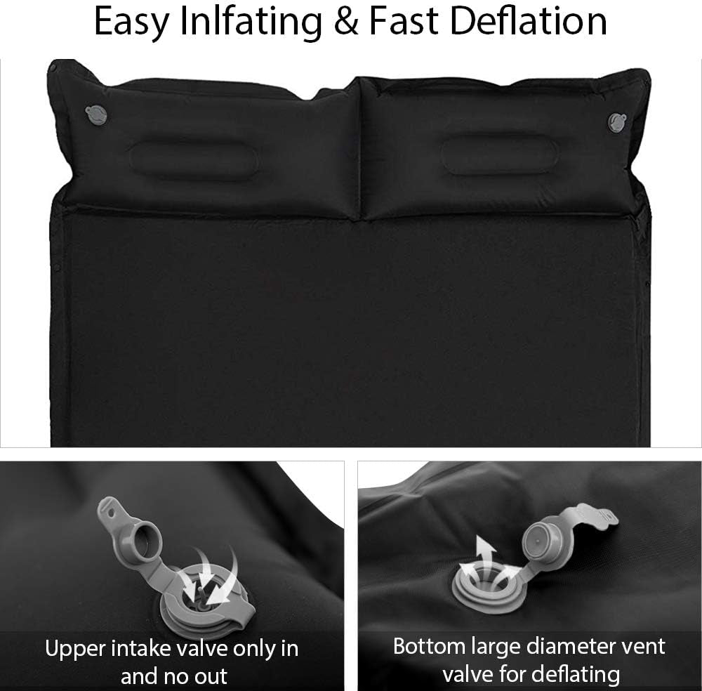 Self-Inflating Double Camping Sleeping Pad with Pillows - 2-Person Backpacking Mattress in Black