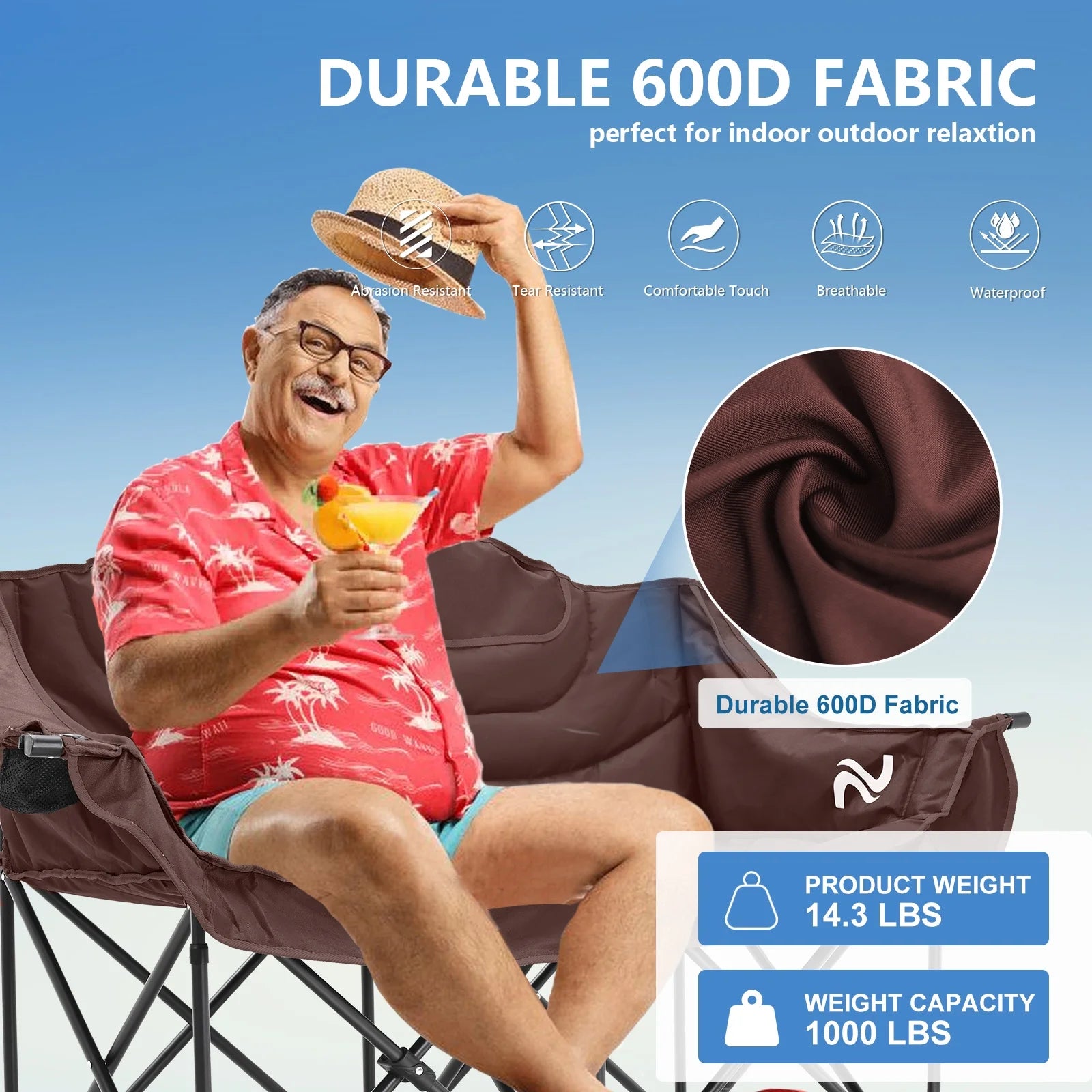 Oversized Thicken Double Camping Chair - 2 Person Camping Chair for Adults Heavy Duty,Two Person Folding Chair with Cup Holder, Supports up to 600 LBS for outside Picnic Beach Travel