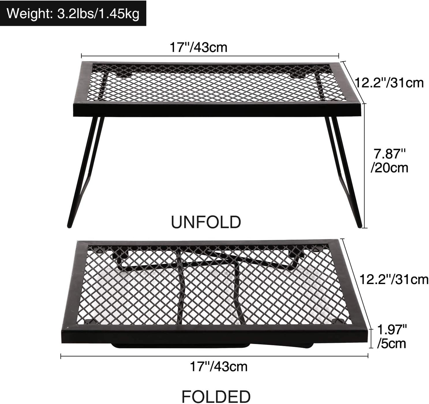 Folding Campfire Grill Heavy Duty Steel Grate, Portable Camp Fire Cooking Racks for over Fire Pit